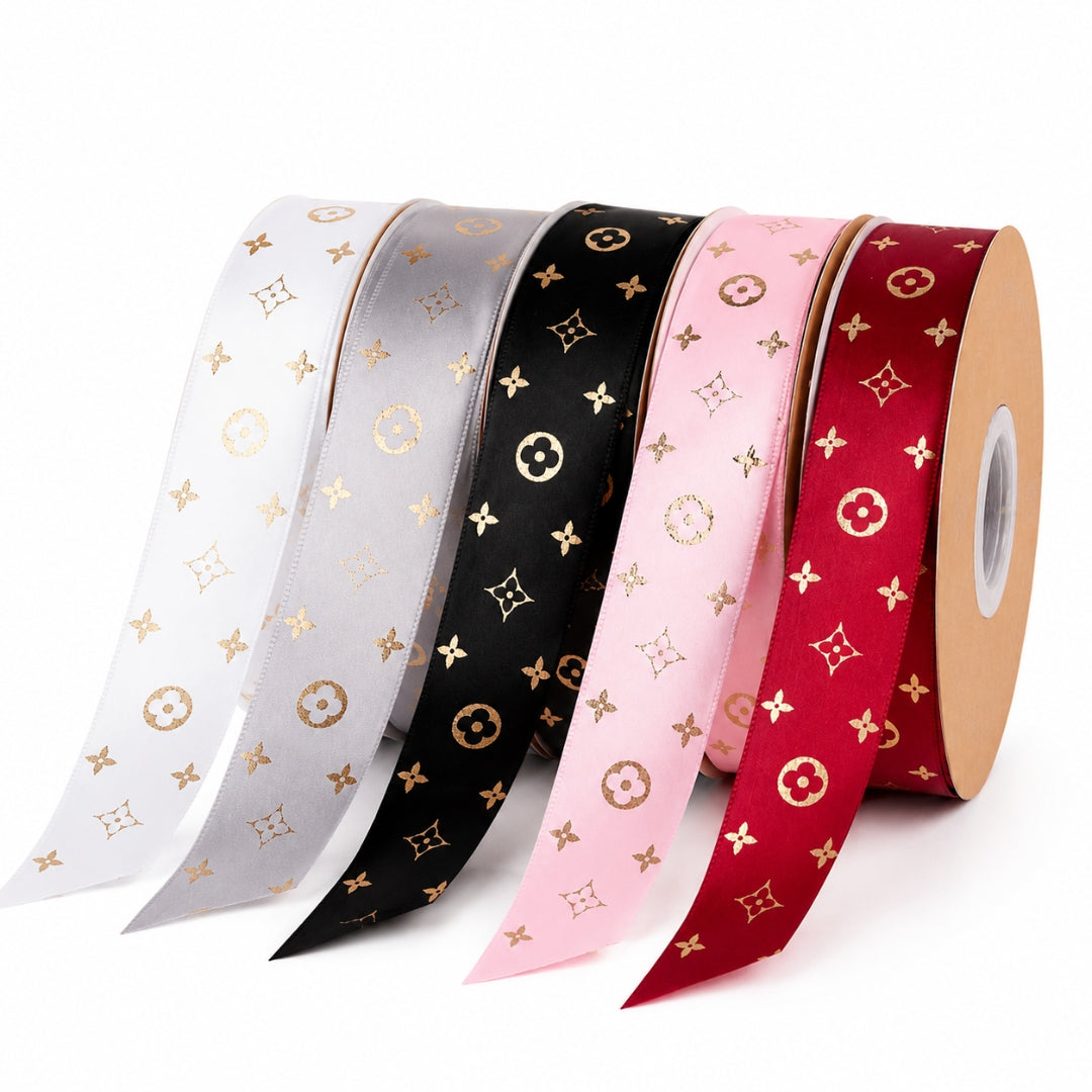 Listón Satinado Estampado Estilo LV Monograma 25 mm x 22 m - Cinta de Lujo para Ramos