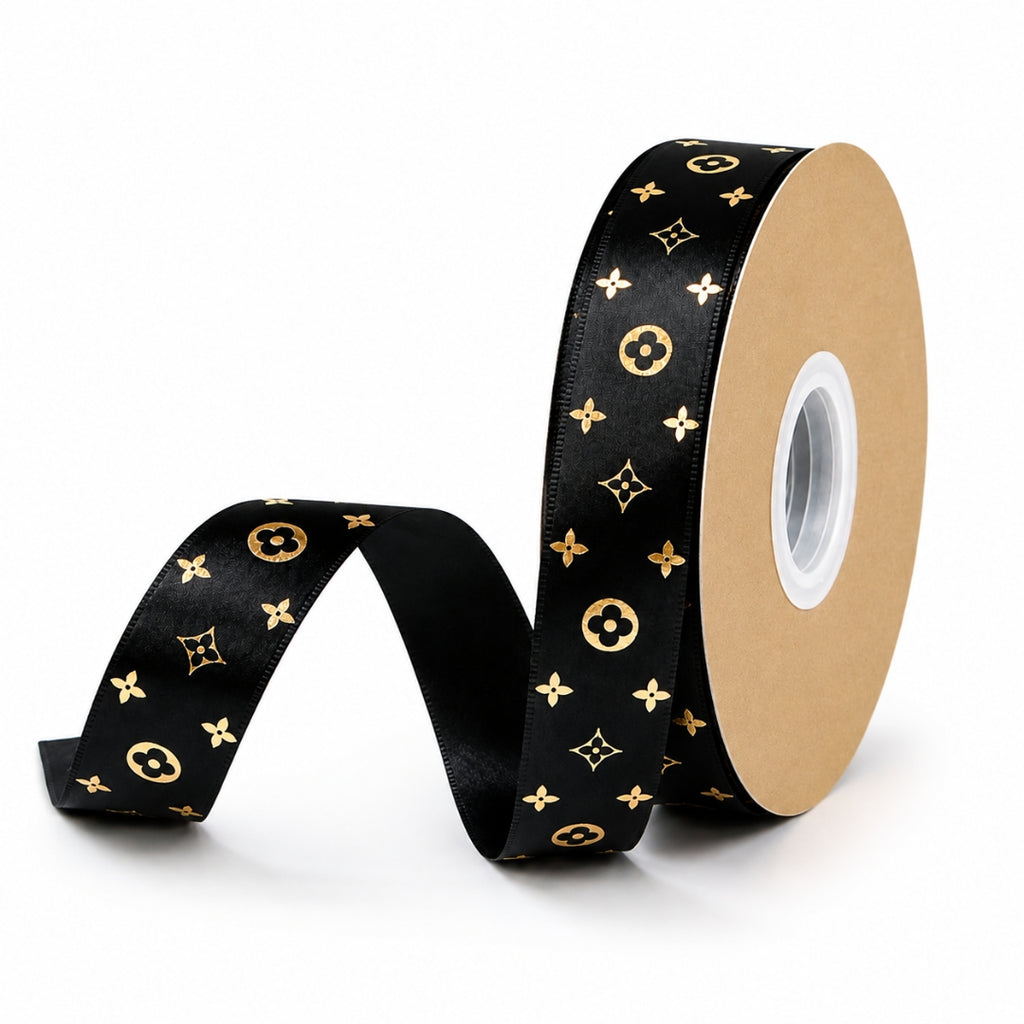 Listón Satinado Estampado Estilo LV Monograma 25 mm x 22 m - Cinta de Lujo para Ramos