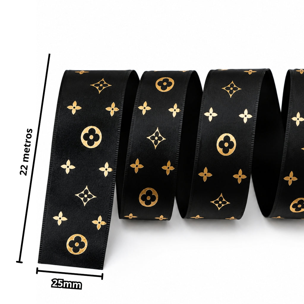 Listón Satinado Estampado Estilo LV Monograma 25 mm x 22 m - Cinta de Lujo para Ramos