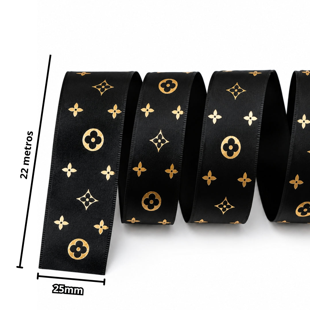 Listón Satinado Estampado Estilo LV Monograma 25 mm x 22 m - Cinta de Lujo para Ramos