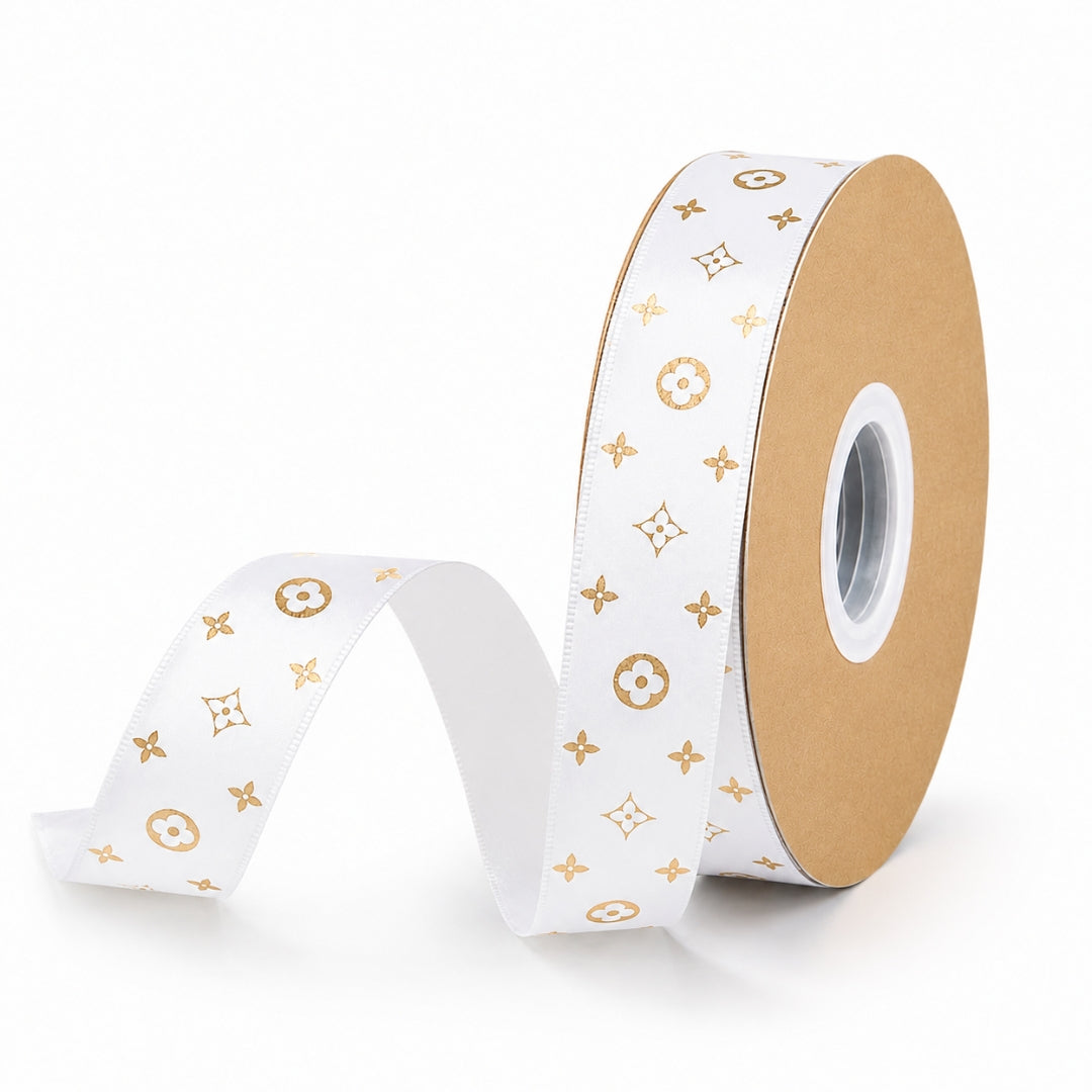 Listón Satinado Estampado Estilo LV Monograma 25 mm x 22 m - Cinta de Lujo para Ramos