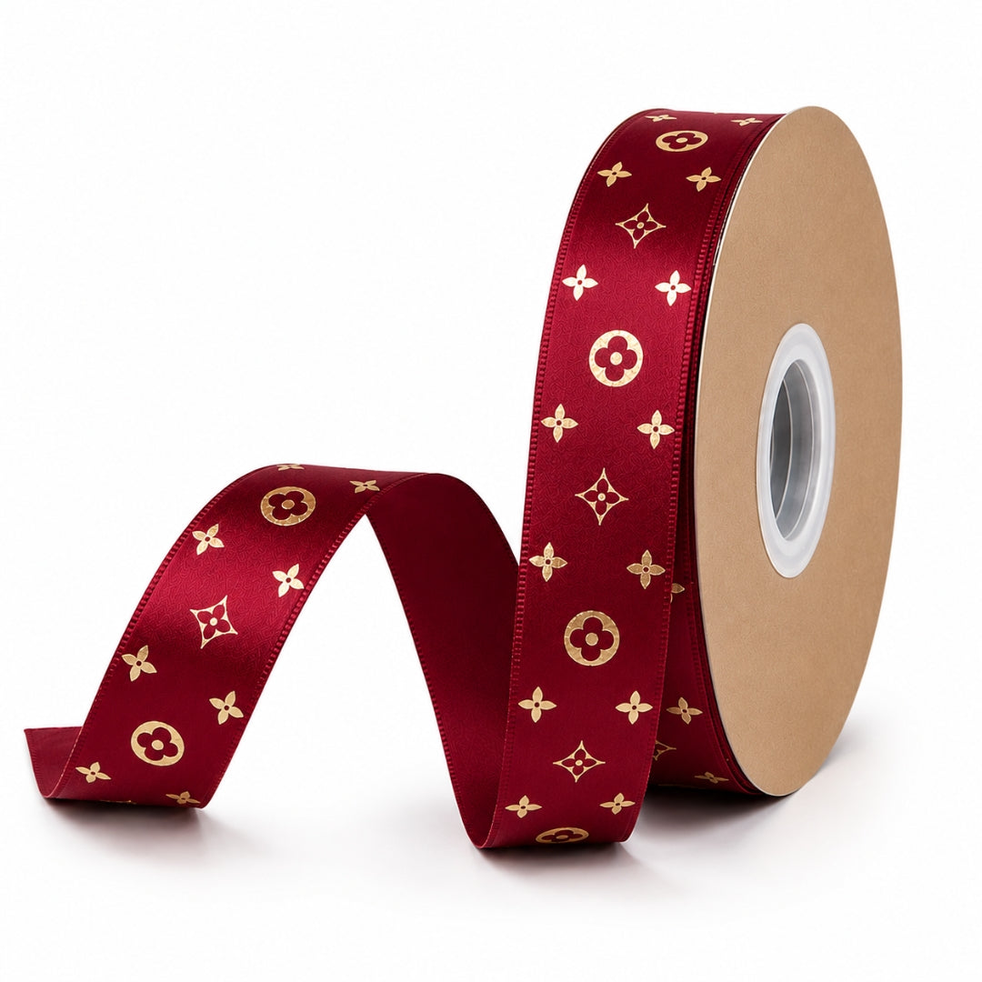 Listón Satinado Estampado Estilo LV Monograma 25 mm x 22 m - Cinta de Lujo para Ramos