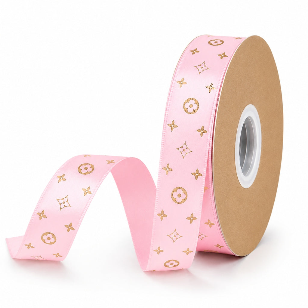 Listón Satinado Estampado Estilo LV Monograma 25 mm x 22 m - Cinta de Lujo para Ramos