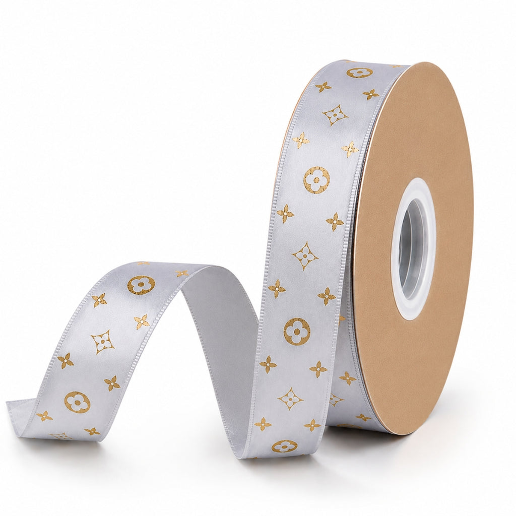 Listón Satinado Estampado Estilo LV Monograma 25 mm x 22 m - Cinta de Lujo para Ramos