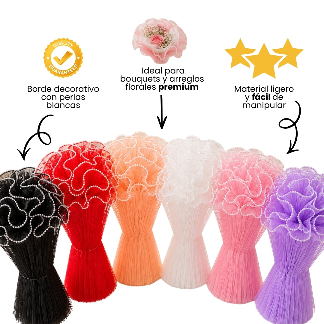 Malla con Perlas Decorativa para Ramos - Red de Lujo para Envoltura de Flores y Ramos Buchones