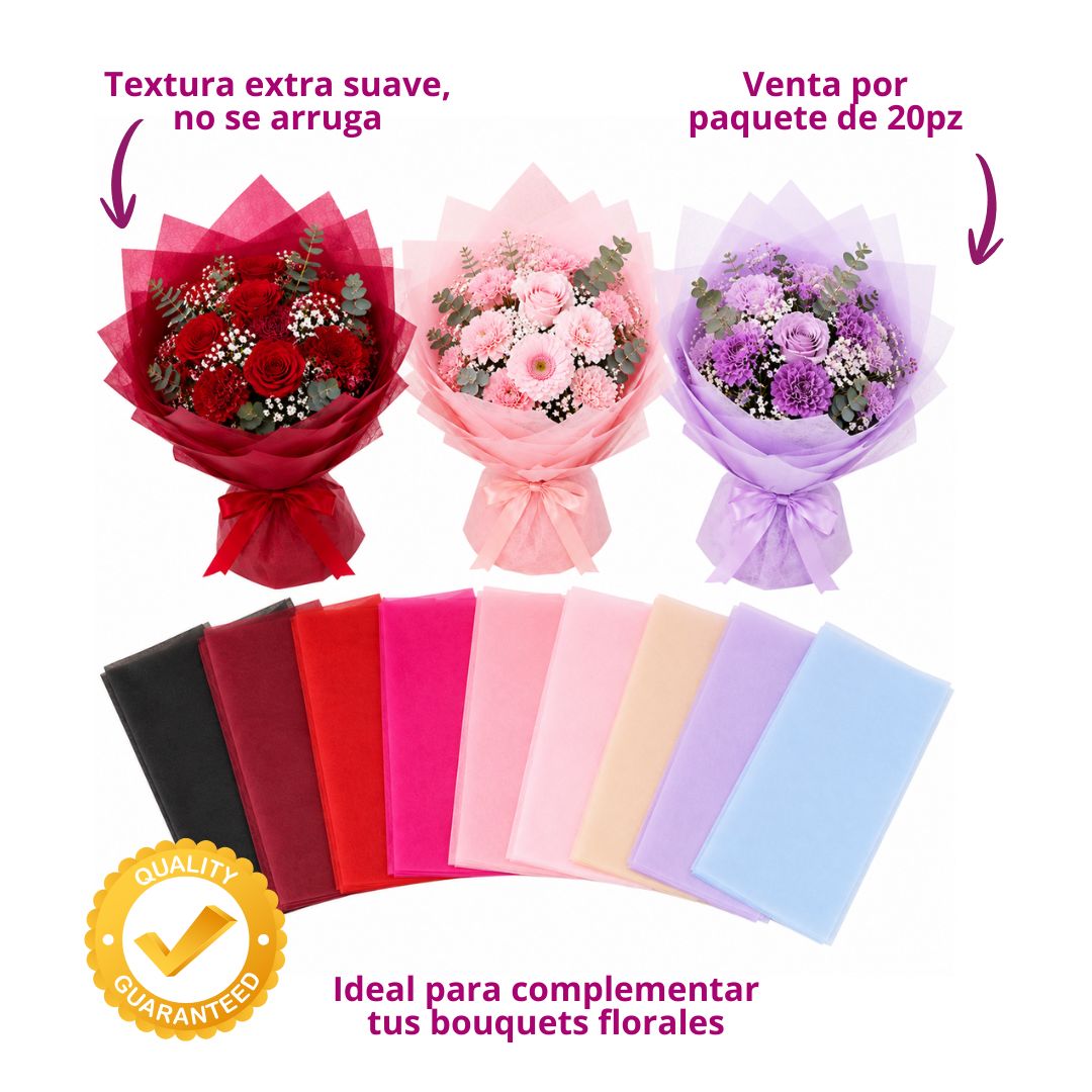 Papel Seda para Ramos y Envolturas (Paquete de 20 pzs, 58x58 cm) - Papel de China para Arreglos Florales