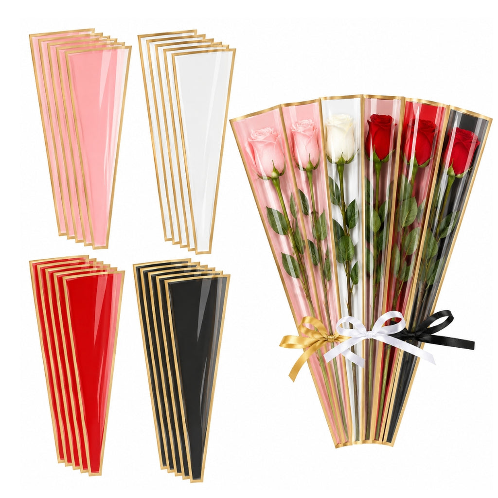 Fundas Cónicas para Rosa Individual (Paquete de 45 pzs) - Conos de Celofán con Borde Dorado