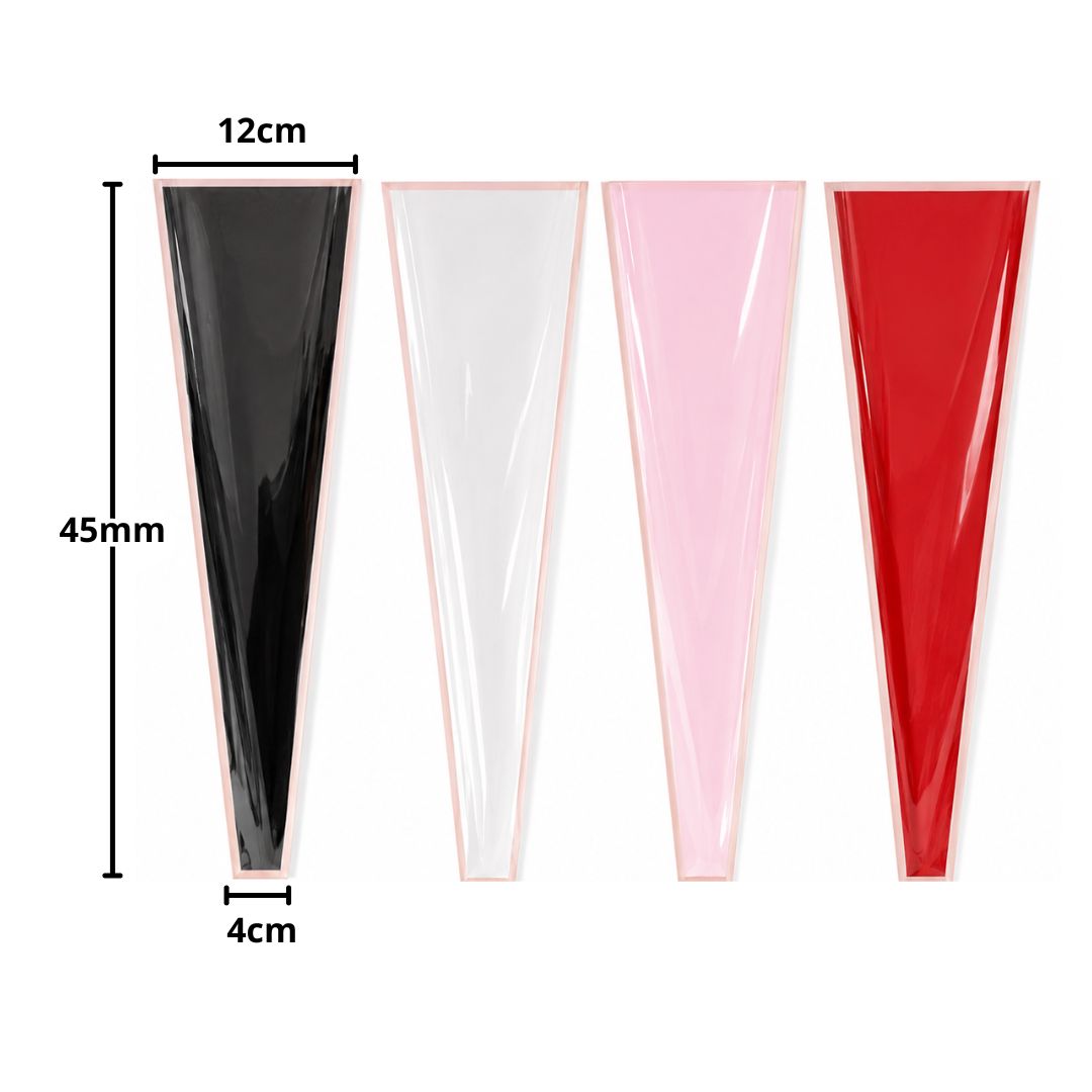 Fundas Cónicas para Rosa Individual (Paquete de 45 pzs) - Conos de Celofán con Borde Dorado