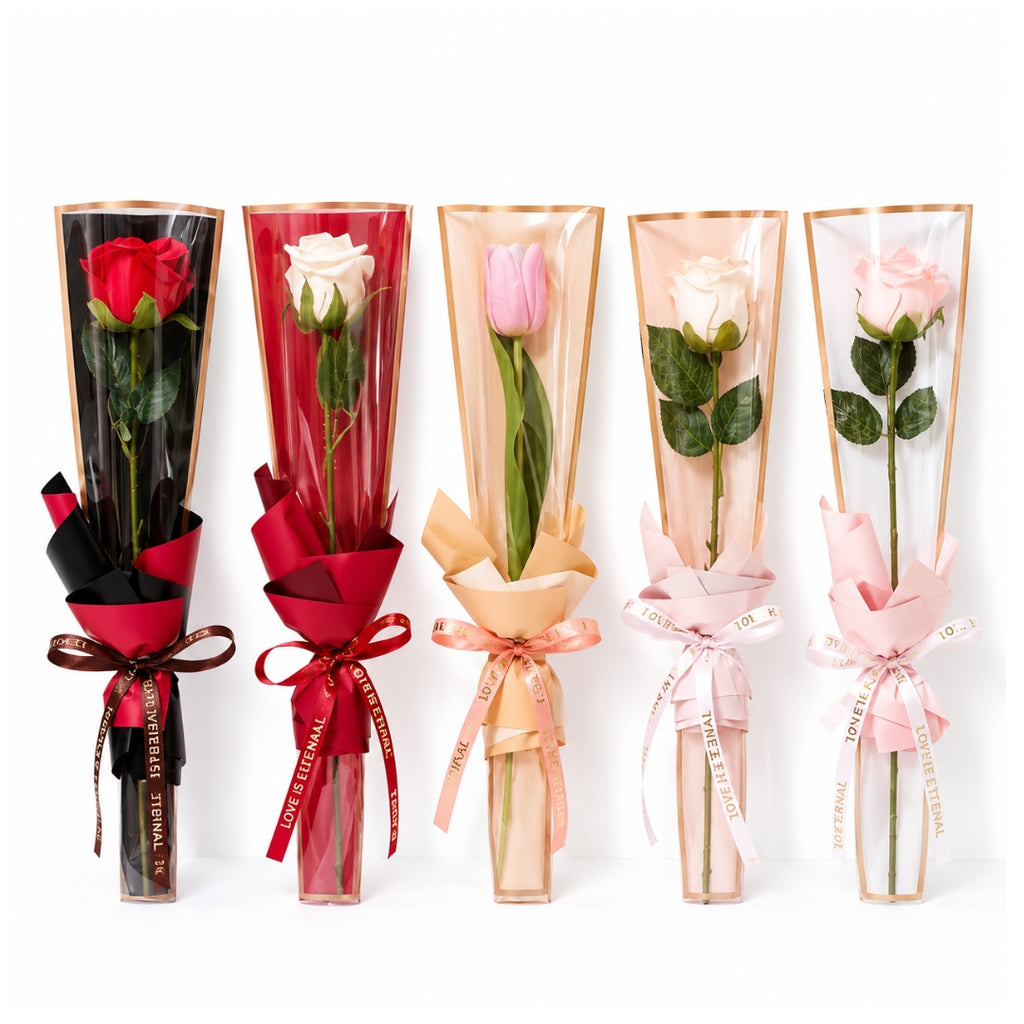 Fundas Cónicas para Rosa Individual (Paquete de 45 pzs) - Conos de Celofán con Borde Dorado