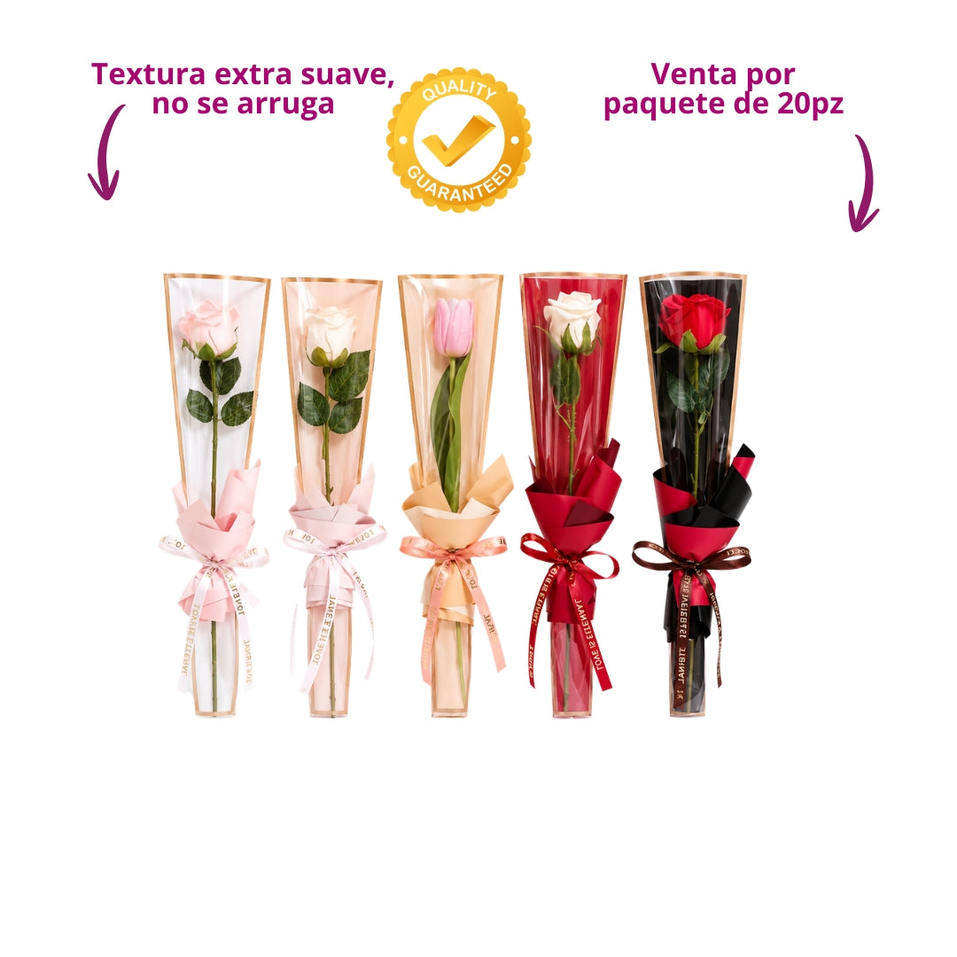Fundas Cónicas para Rosa Individual (Paquete de 45 pzs) - Conos de Celofán con Borde Dorado