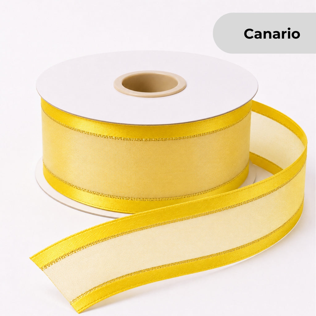 Listón de Organza con Orilla / con brillos Satinada 38 mm x 23 m para Ramos Buchones