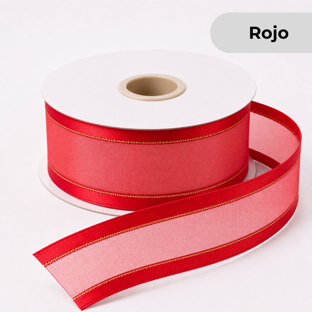 Listón de Organza con Orilla / con brillos Satinada 38 mm x 23 m para Ramos Buchones