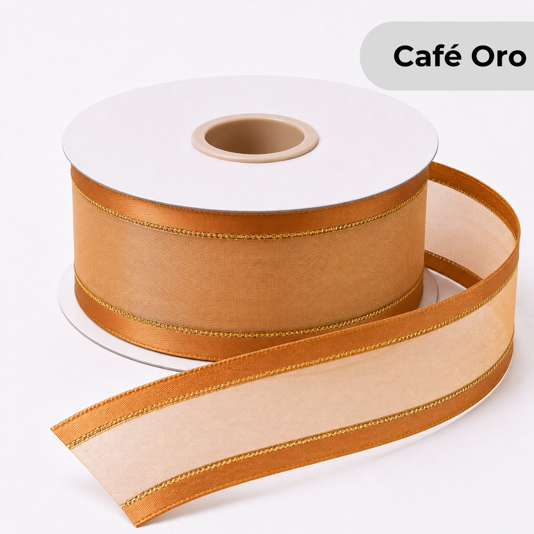 Listón de Organza con Orilla / con brillos Satinada 38 mm x 23 m para Ramos Buchones
