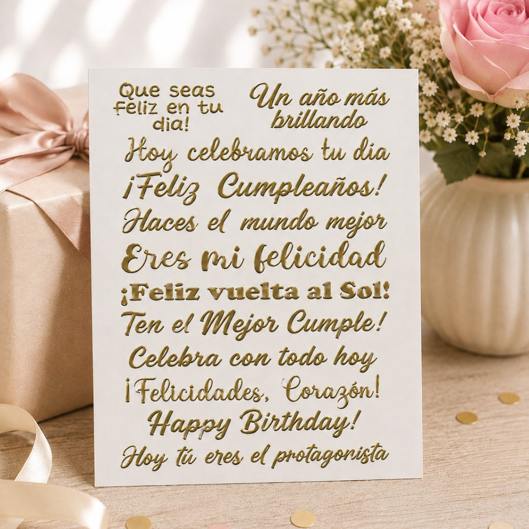 Set 12 Frases de Vinilo Adhesivo Acabado Dorado Espejo - Sticker para Regalos, Espejos y Cristal