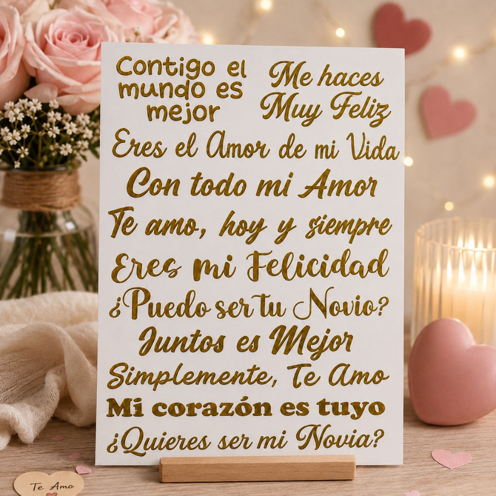 Set 12 Frases de Vinilo Adhesivo Acabado Dorado Espejo - Sticker para Regalos, Espejos y Cristal