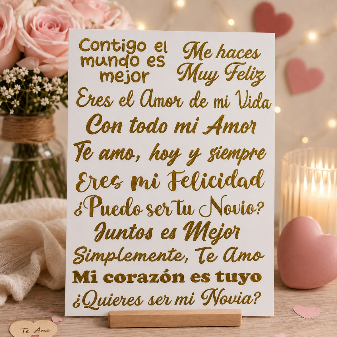 Set 12 Frases de Vinilo Adhesivo Acabado Dorado Espejo - Sticker para Regalos, Espejos y Cristal
