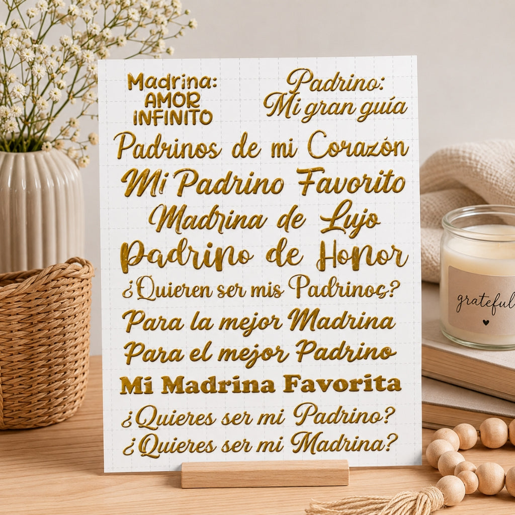 Set 12 Frases de Vinilo Adhesivo Acabado Dorado Espejo - Sticker para Regalos, Espejos y Cristal