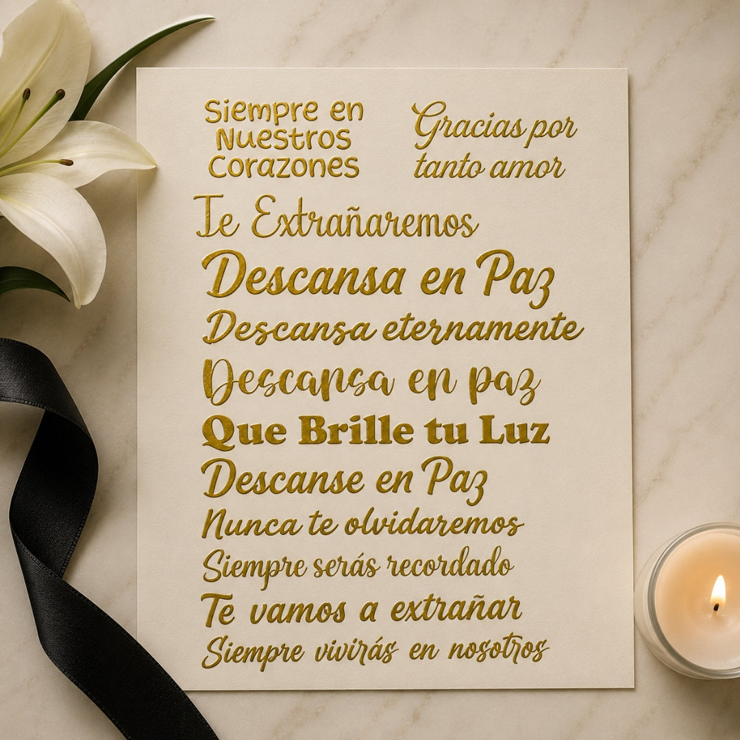 Set 12 Frases de Vinilo Adhesivo Acabado Dorado Espejo - Sticker para Regalos, Espejos y Cristal