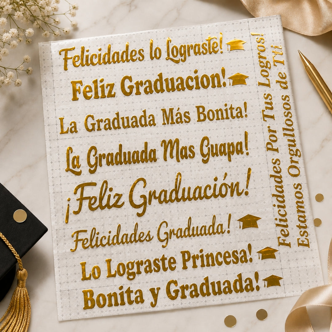 Set 12 Frases de Vinilo Adhesivo Acabado Dorado Espejo - Sticker para Regalos, Espejos y Cristal