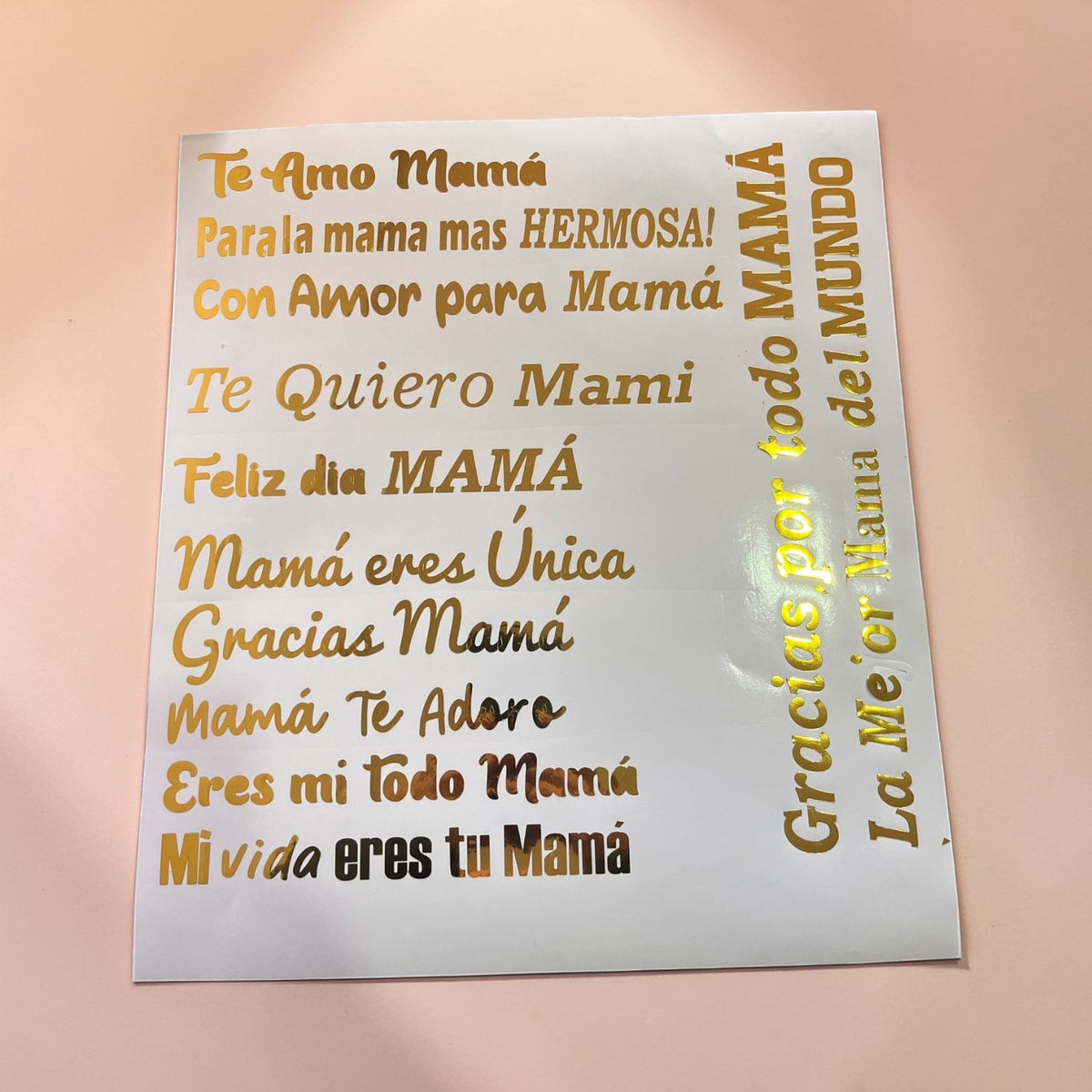 Set 12 Frases de Vinilo Adhesivo Acabado Dorado Espejo - Sticker para Regalos, Espejos y Cristal