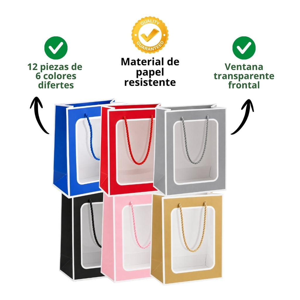 Pack de 12 Bolsas de Papel con Ventana Transparente 32x26x10 cm (Colores Surtidos)