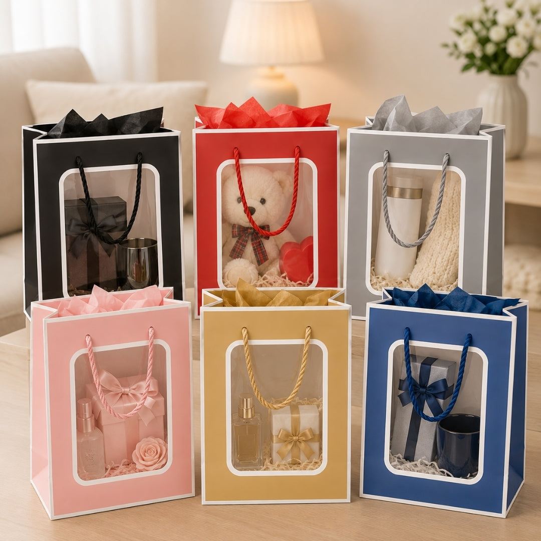 Pack de 12 Bolsas de Papel con Ventana Transparente 32x26x10 cm (Colores Surtidos)