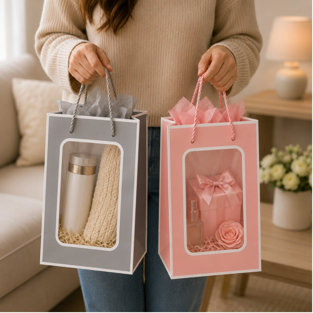 Pack de 12 Bolsas de Papel con Ventana Transparente 32x26x10 cm (Colores Surtidos)