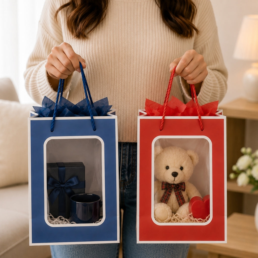 Pack de 12 Bolsas de Papel con Ventana Transparente 32x26x10 cm (Colores Surtidos)