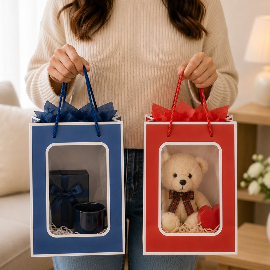 Pack de 12 Bolsas de Papel con Ventana Transparente 32x26x10 cm (Colores Surtidos)