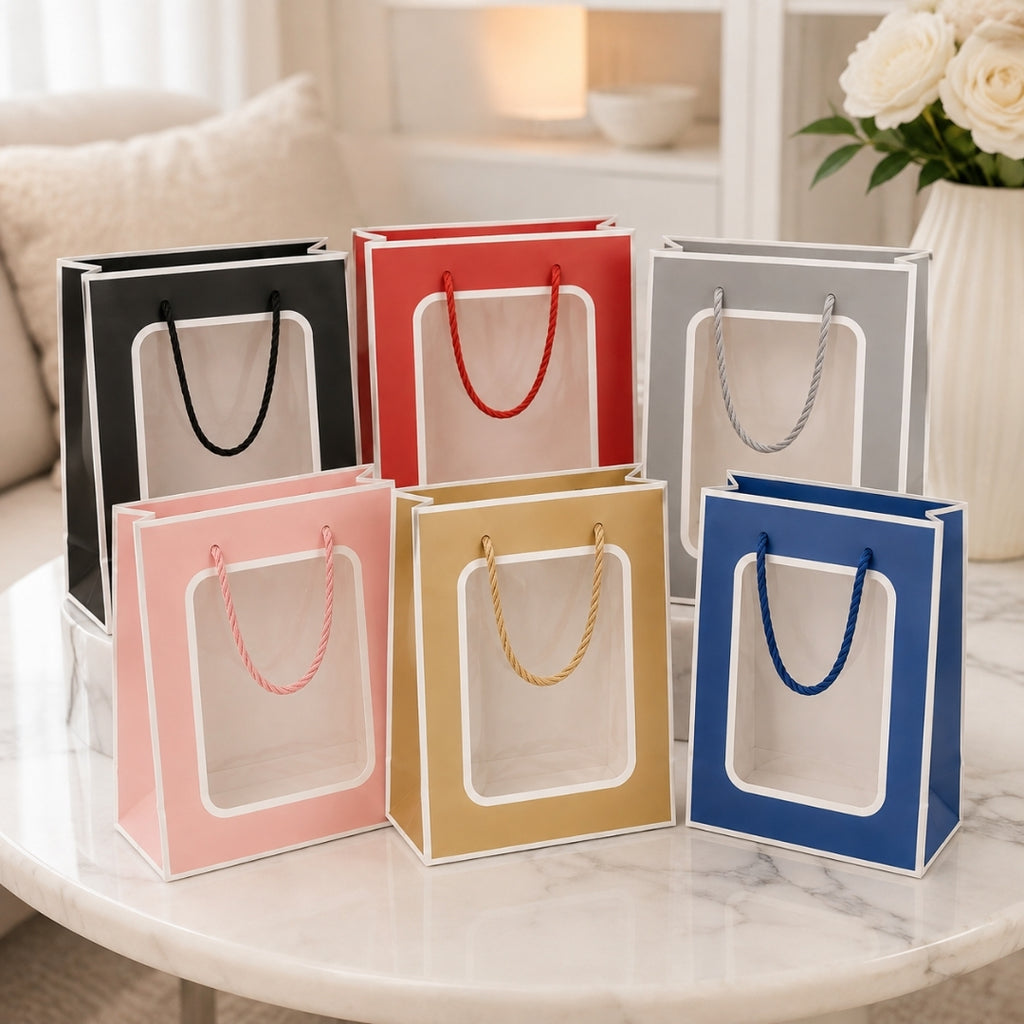 Pack de 12 Bolsas de Papel con Ventana Transparente 32x26x10 cm (Colores Surtidos)