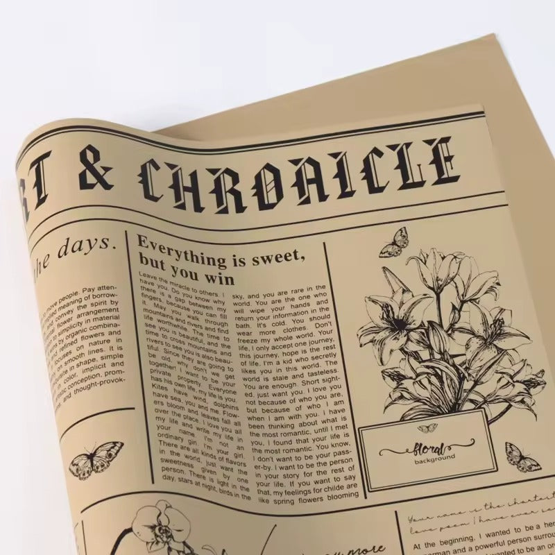 Papel Coreano Diseño Periódico Doble Cara - Pack con 20 Pliegos Impermeables para Ramos y Regalos