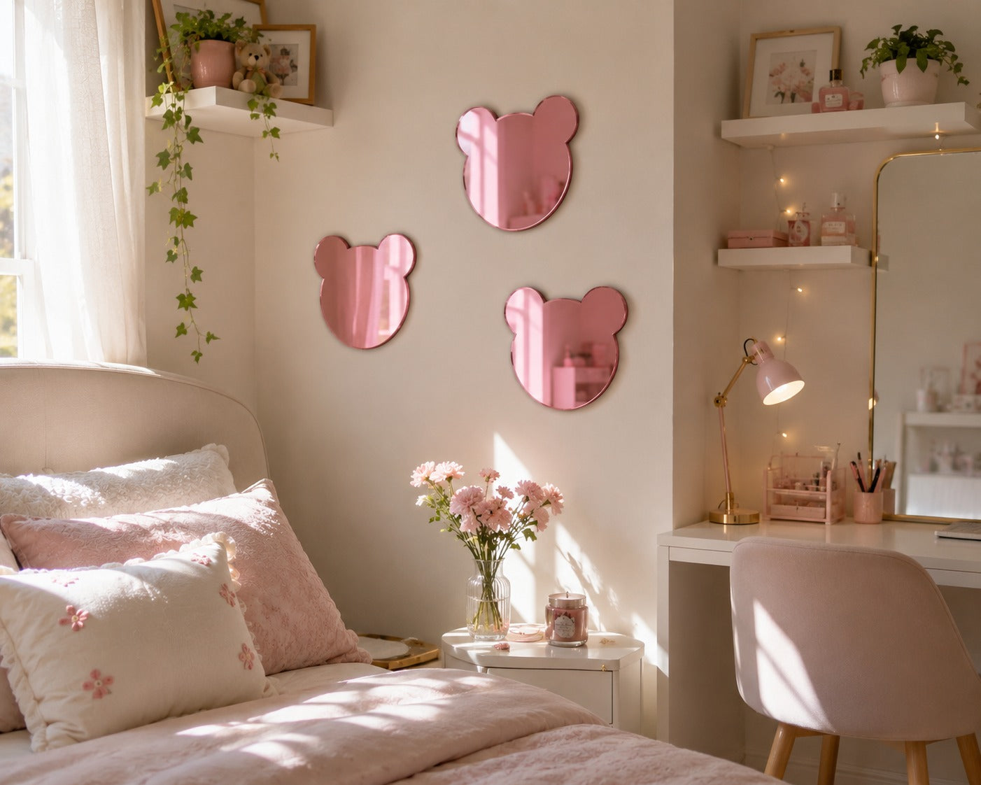 Espejos Decorativos de Acrílico Premium (Osito, Corazón y Círculo) - Set de Figuras Aesthetic para Ramos Buchones
