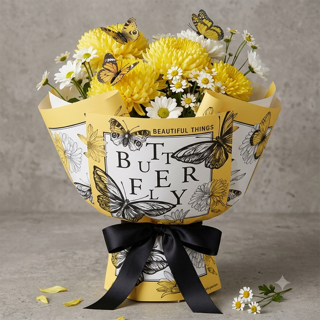 Papel Coreano Colección Flores Amarillas - Pack con 20 Pliegos Impermeables para Ramos